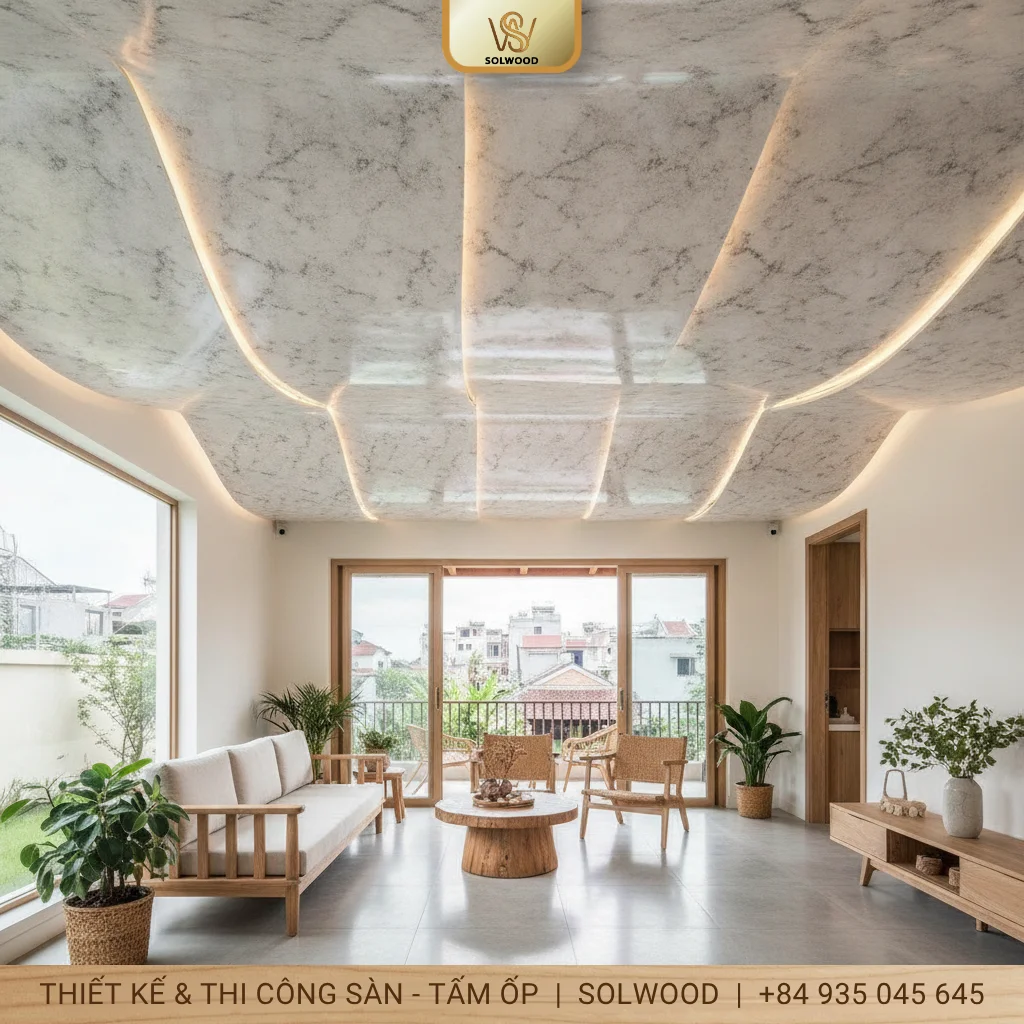 Tấm ốp trần PVC nano lam sóng vân đá Hội An sang trọng